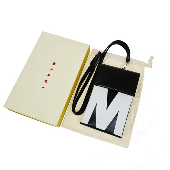 MARNI M Logo Phone Case Pouch Shoulder Bag PVC Black White Made in Italy 33KB173 - Picture 1 of 14